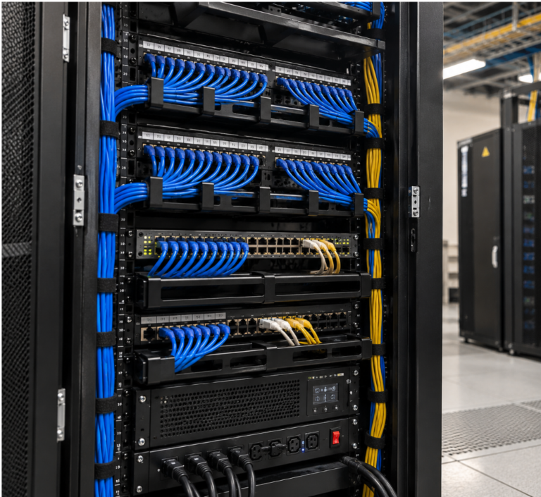 Rack de rede profissional com patch panels, switches e cabos organizados