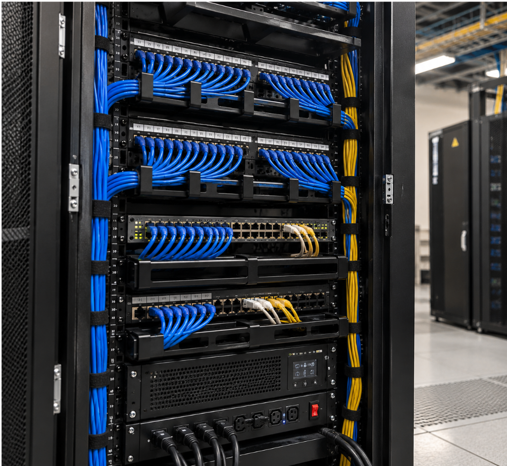 Rack de rede profissional com patch panels, switches e cabos organizados