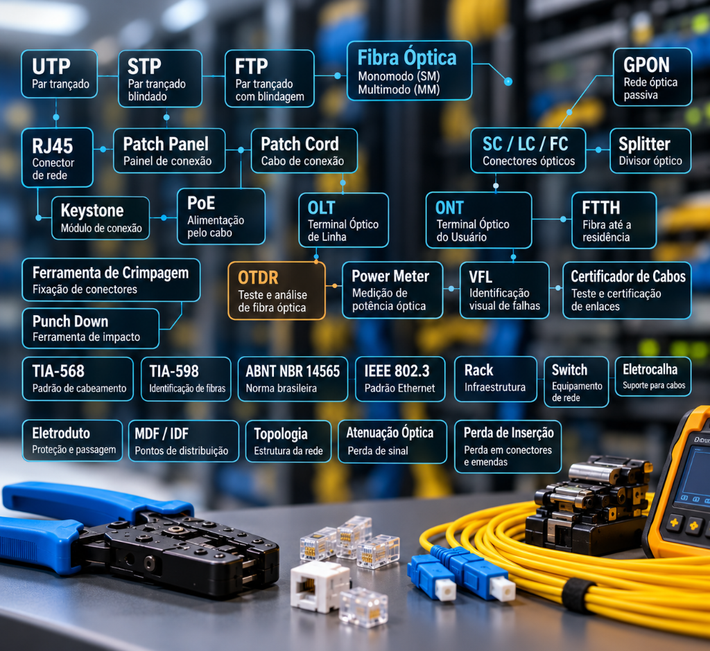 Glossário visual de redes com termos de cabeamento estruturado, fibra óptica, conectores, ferramentas de teste e normas técnicas.