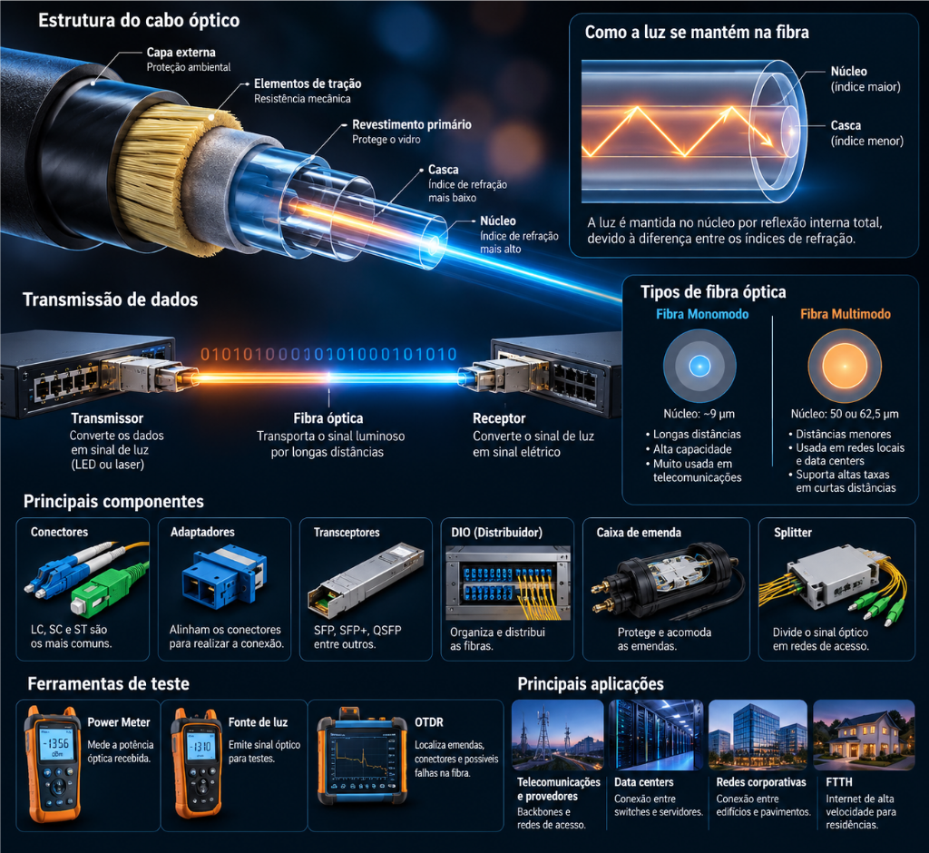 Infográfico sobre fibra óptica mostrando a estrutura do cabo, a transmissão de dados por luz, as diferenças entre fibras monomodo e multimodo, os principais componentes, as ferramentas de teste e as aplicações em telecomunicações, data centers, redes corporativas e FTTH.