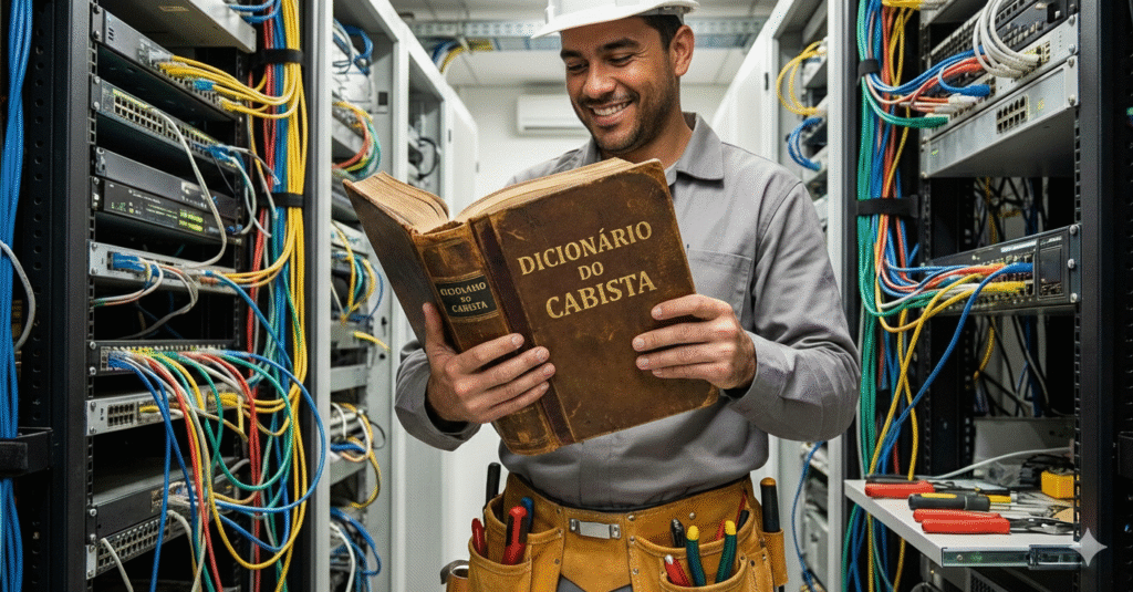 Um técnico de rede, com um capacete branco e um cinto de ferramentas, sorri enquanto lê um livro antigo com a capa "Dicionário do Cabista" em um ambiente de sala de servidores com muitos cabos.