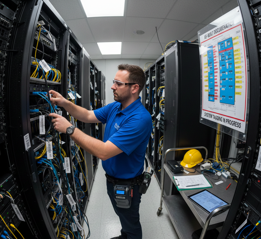 Técnico com camisa azul e óculos de segurança etiquetando cabos em um rack de servidores de data center. Um diagrama de documentação As-Built e um tablet estão visíveis em um carrinho lateral, indicando o progresso da etiquetagem e mapeamento do sistema.