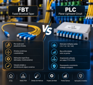 Comparação entre splitters ópticos FBT e PLC utilizados em redes de fibra óptica, com características, aplicações e vantagens de cada tecnologia.