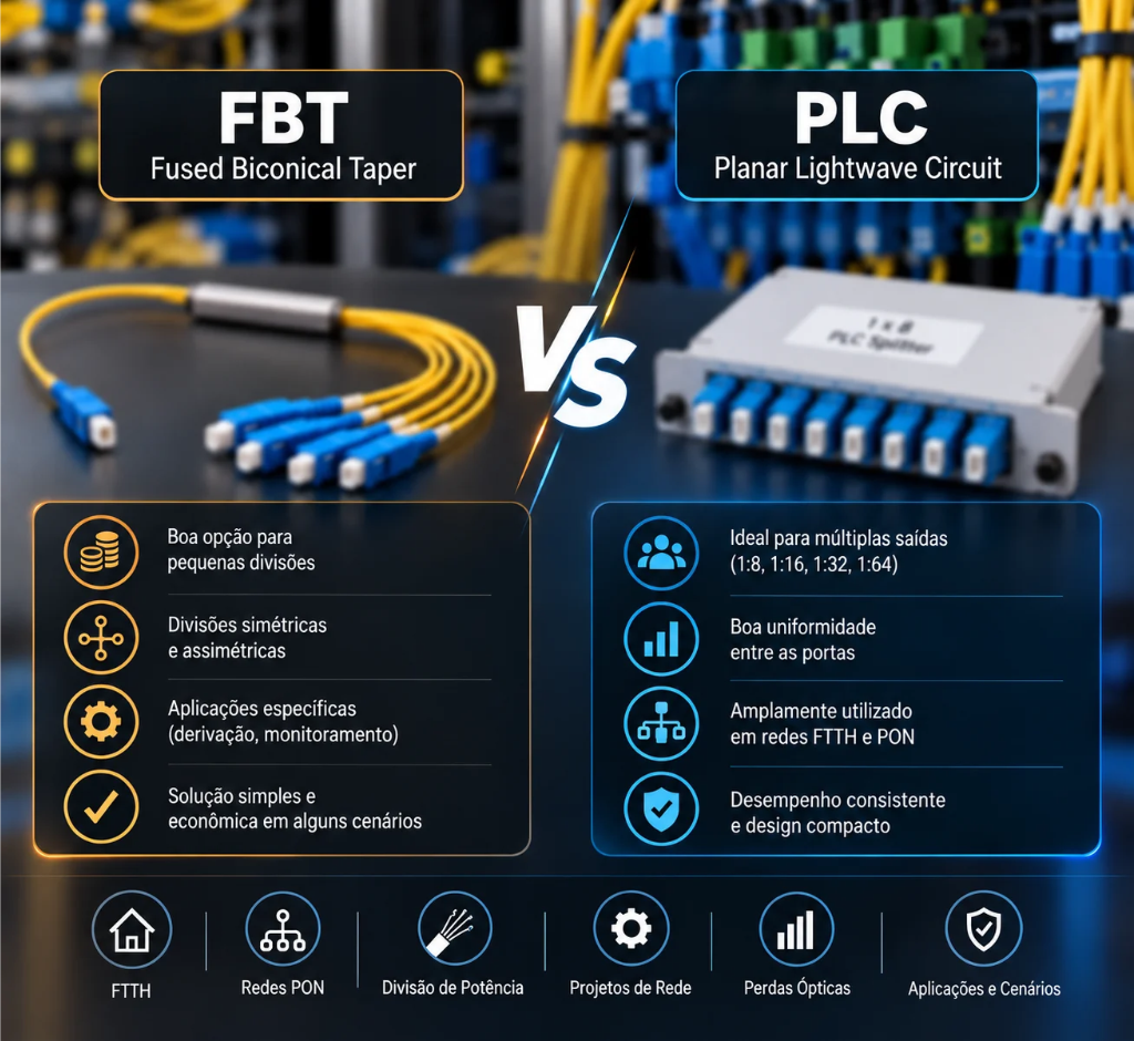 Comparação entre splitters ópticos FBT e PLC utilizados em redes de fibra óptica, com características, aplicações e vantagens de cada tecnologia.