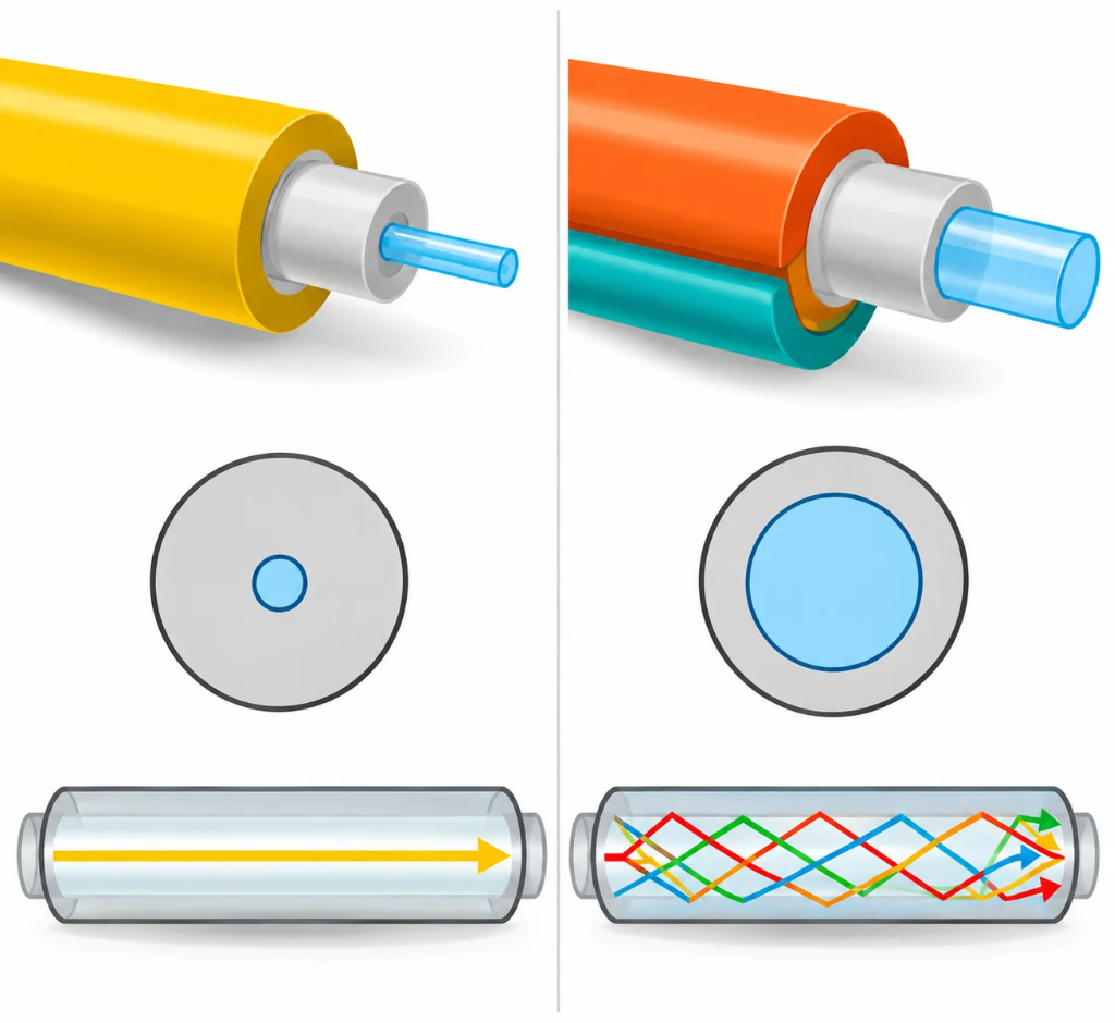 Comparação visual entre fibra óptica monomodo e multimodo, mostrando o núcleo e a propagação da luz