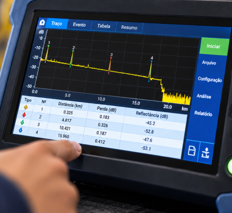 Tela de OTDR mostrando gráfico de traço de fibra óptica com eventos, distâncias e perdas em dB.