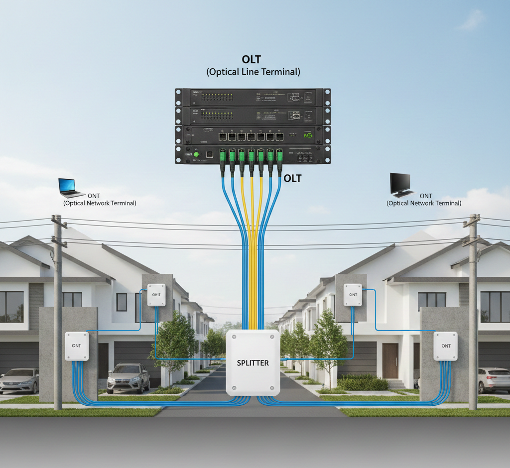 Representação visual da arquitetura PON (Passive Optical Network), ilustrando como o equipamento central OLT se conecta a múltiplas terminações de usuário ONT através de um Splitter passivo que divide o sinal.