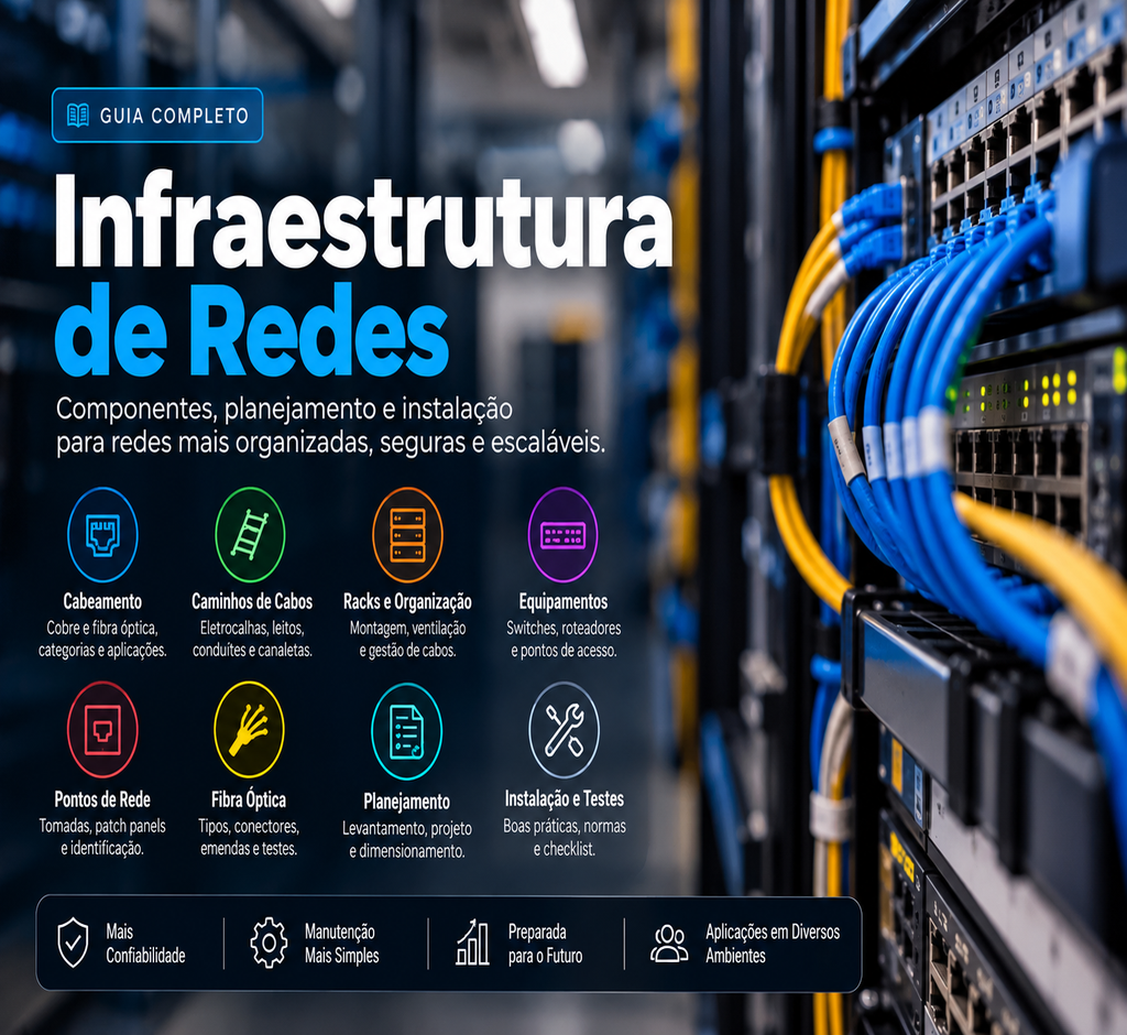 Banner sobre infraestrutura de redes com rack de servidores, cabos Ethernet, fibra óptica, eletrocalhas, equipamentos de rede e ícones que representam planejamento, instalação e testes.
