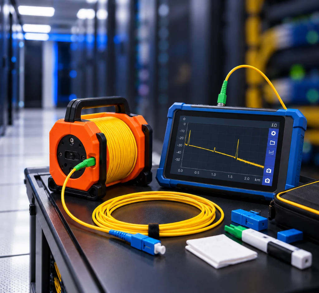 Bobina de lançamento conectada a um OTDR em um data center
