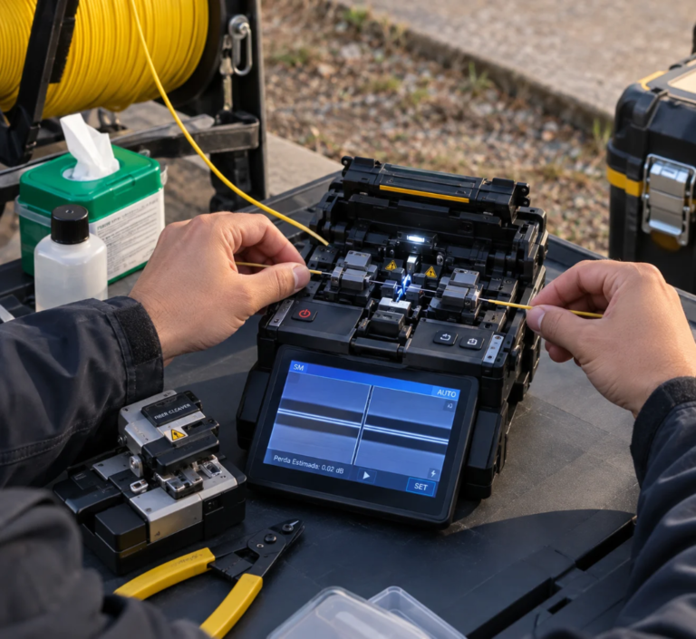 Técnico realizando fusão de fibra óptica em máquina de fusão