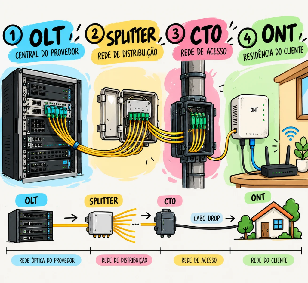 Infográfico sobre OLT, ONT e splitter em uma rede FTTH, mostrando o caminho do sinal óptico do provedor até o cliente.