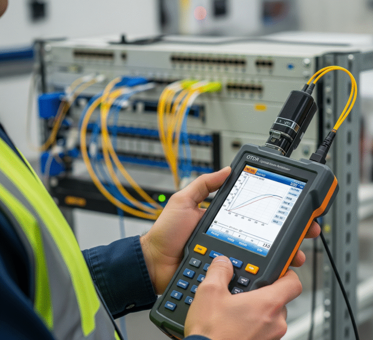 Close-up das mãos de um técnico segurando um OTDR (Refletômetro Óptico no Domínio do Tempo), mostrando um gráfico de análise de fibra na tela do equipamento.