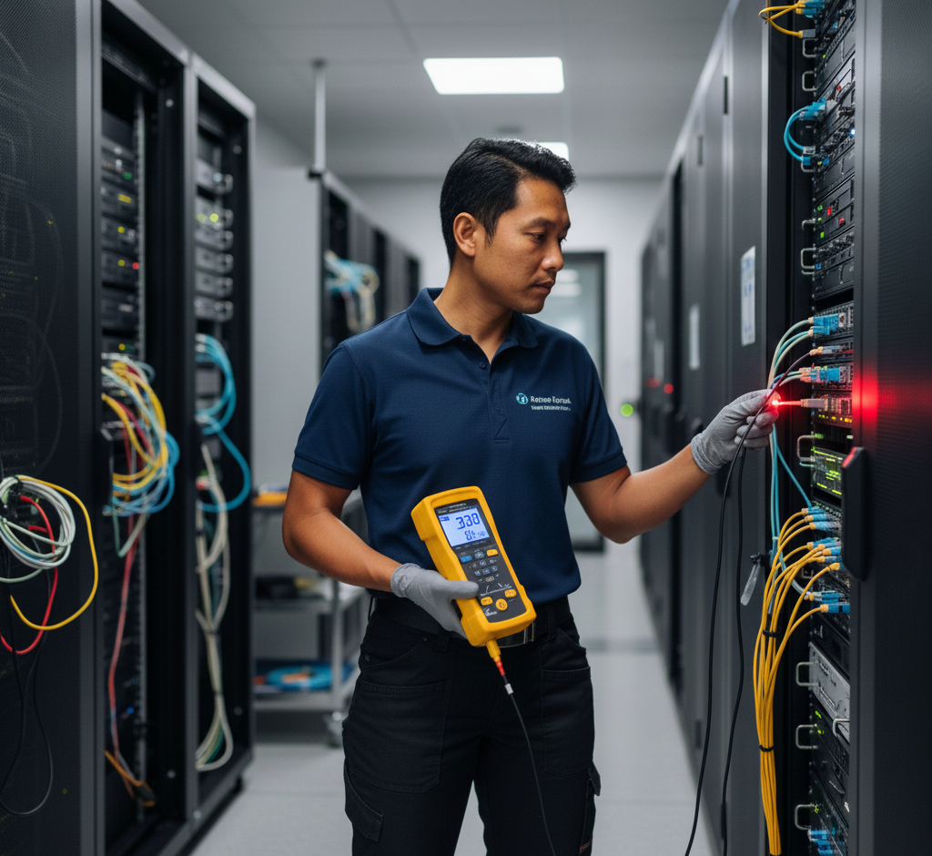Técnico de rede testando fibra óptica em datacenter com um medidor de potência óptico amarelo.