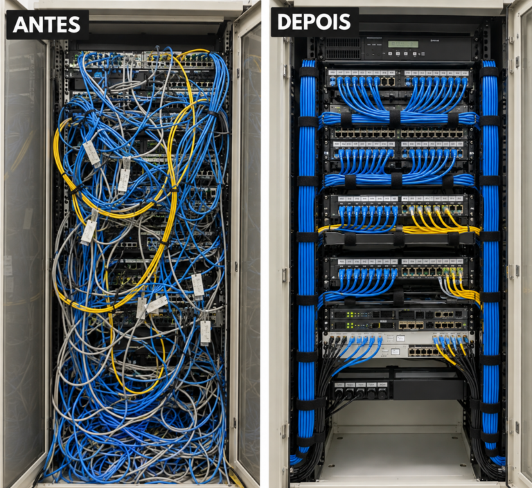 Antes e depois da organização de um rack de cabeamento estruturado