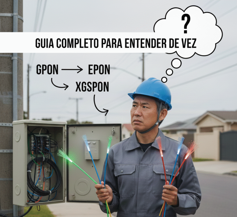 Um homem japonês, vestido com um uniforme de trabalho cinza e capacete azul, está do lado de fora em frente a uma caixa de conectores de fibra óptica aberta em um poste. Ele segura várias fibras ópticas coloridas e iluminadas em suas mãos, com uma expressão de dúvida no rosto. Acima de sua cabeça, um balão de fala contém um ponto de interrogação e três setas apontam para os termos 'GPON', 'EPON' e 'XGSPON', junto com a frase 'GUIA COMPLETO PARA ENTENDER DE VEZ'.