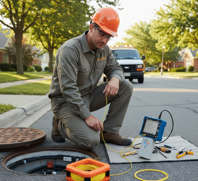 Técnico de fibra óptica com OTDR e Bobina de Lançamento (Launch Cable) durante teste de rede subterrânea.