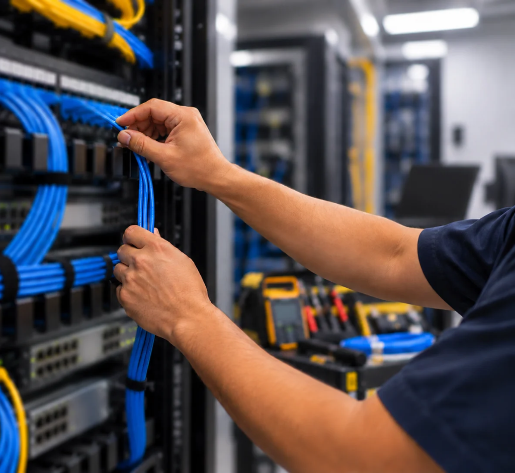 Técnico de redes organizando cabos azuis em um rack com patch panels e equipamentos de rede.