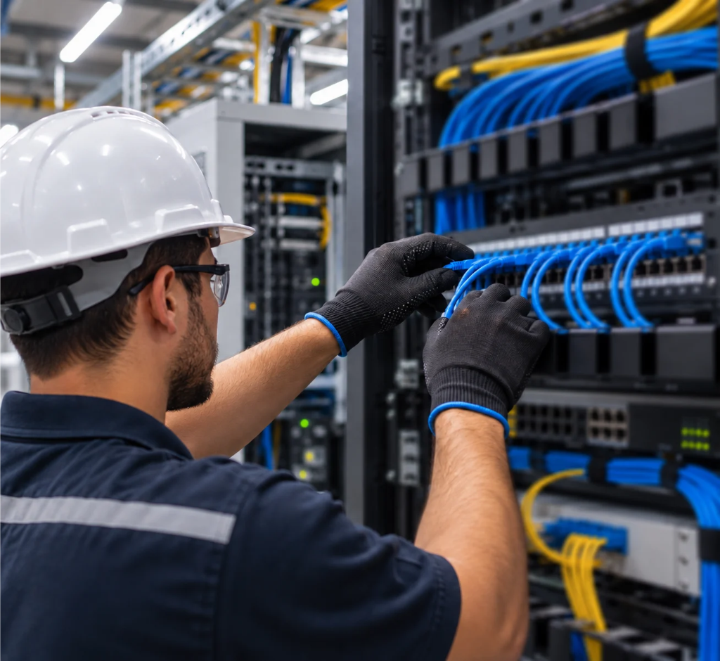 Técnico de redes organizando cabos azuis em um rack de infraestrutura de rede.