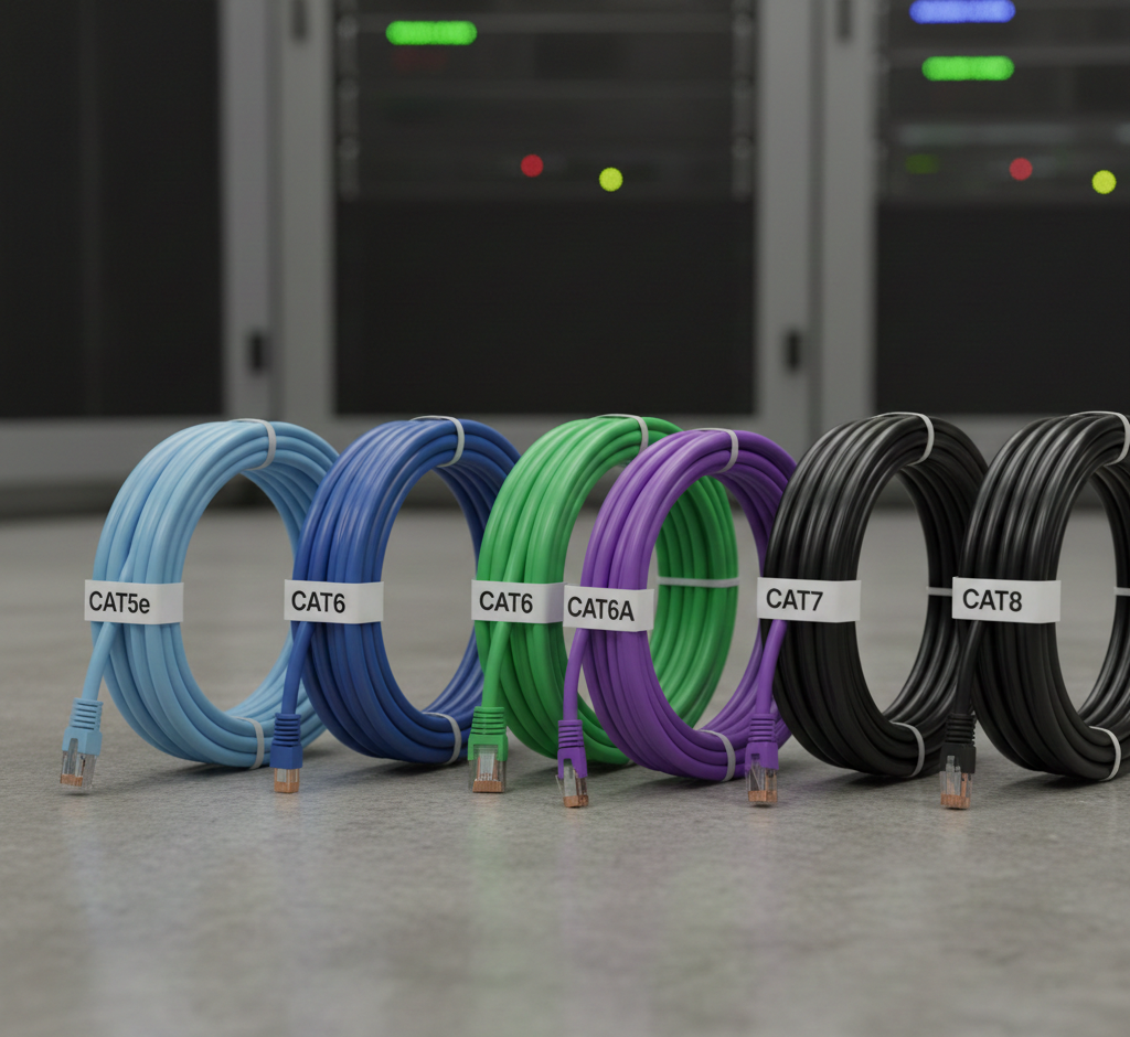 Cabo de rede CAT5e azul-claro, CAT6 azul, CAT6A verde, CAT7 roxo e CAT8 preto, todos enrolados lado a lado em frente a racks de servidor.