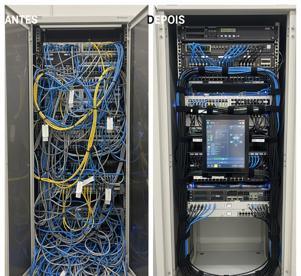Comparativo de antes e depois da organização de um rack de servidor. À esquerda, um emaranhado caótico de cabos azuis e amarelos. À direita, o mesmo rack com cabeamento estruturado perfeitamente organizado e um tablet de monitoramento fixado.