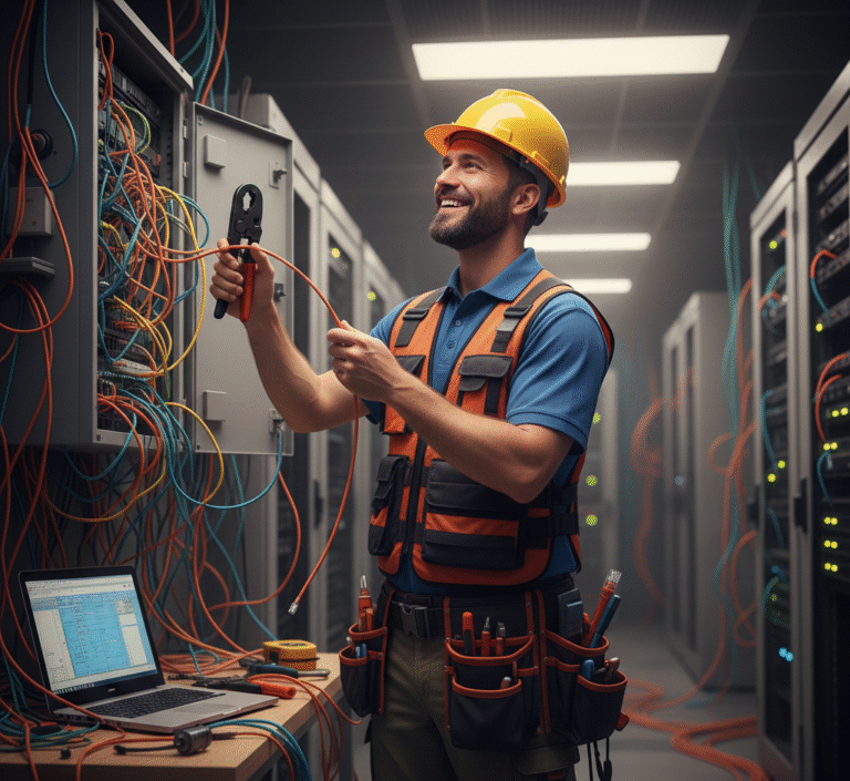 Técnico de redes sorridente usando capacete amarelo e cinto de ferramentas, segurando um alicate e trabalhando com a fiação de um painel em uma sala de servidores, com um laptop aberto ao lado.