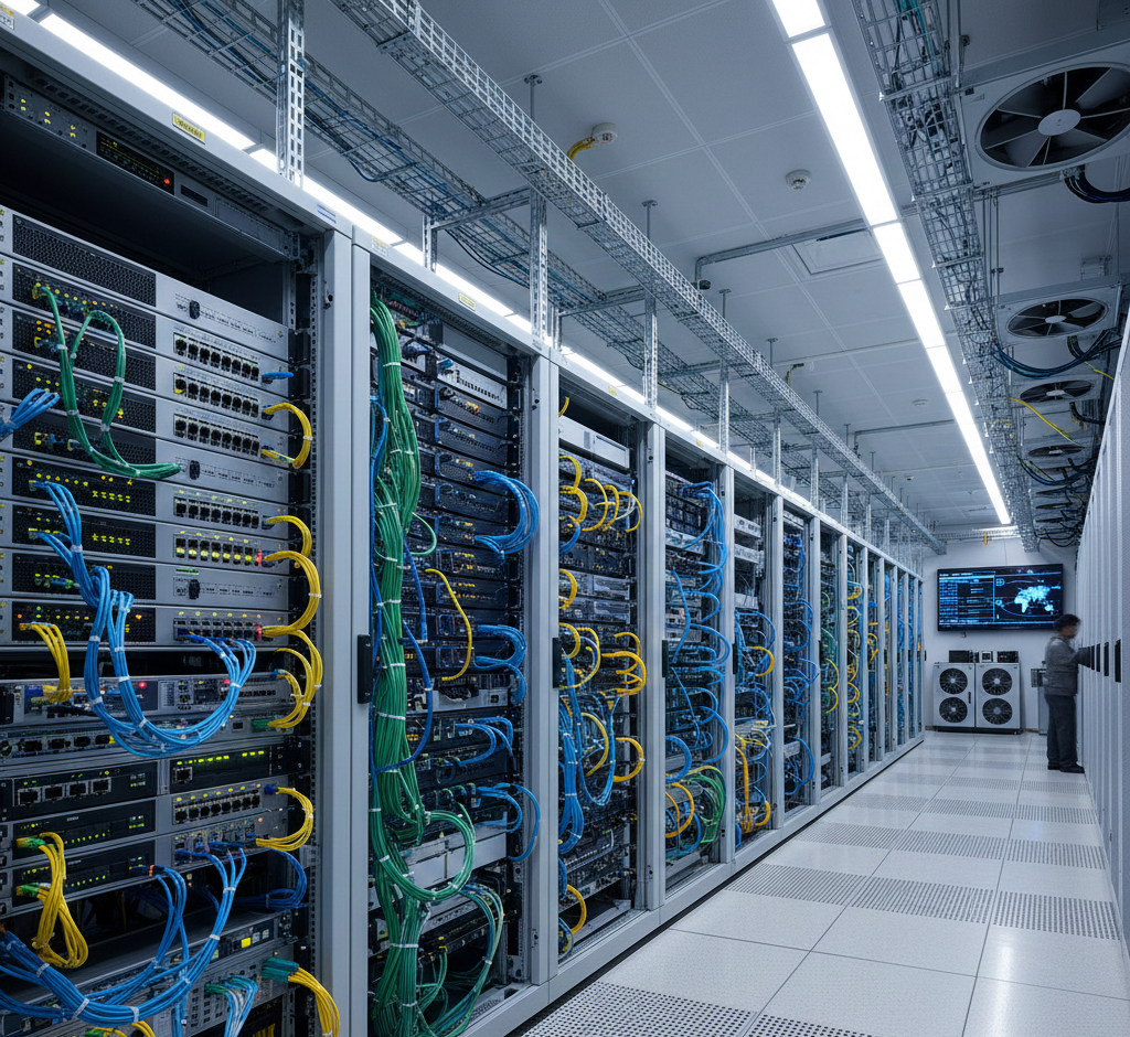 Corredor amplo de um data center moderno, com fileiras de racks de servidores altos, cabeamento estruturado colorido organizado em calhas aéreas e um técnico trabalhando ao fundo.