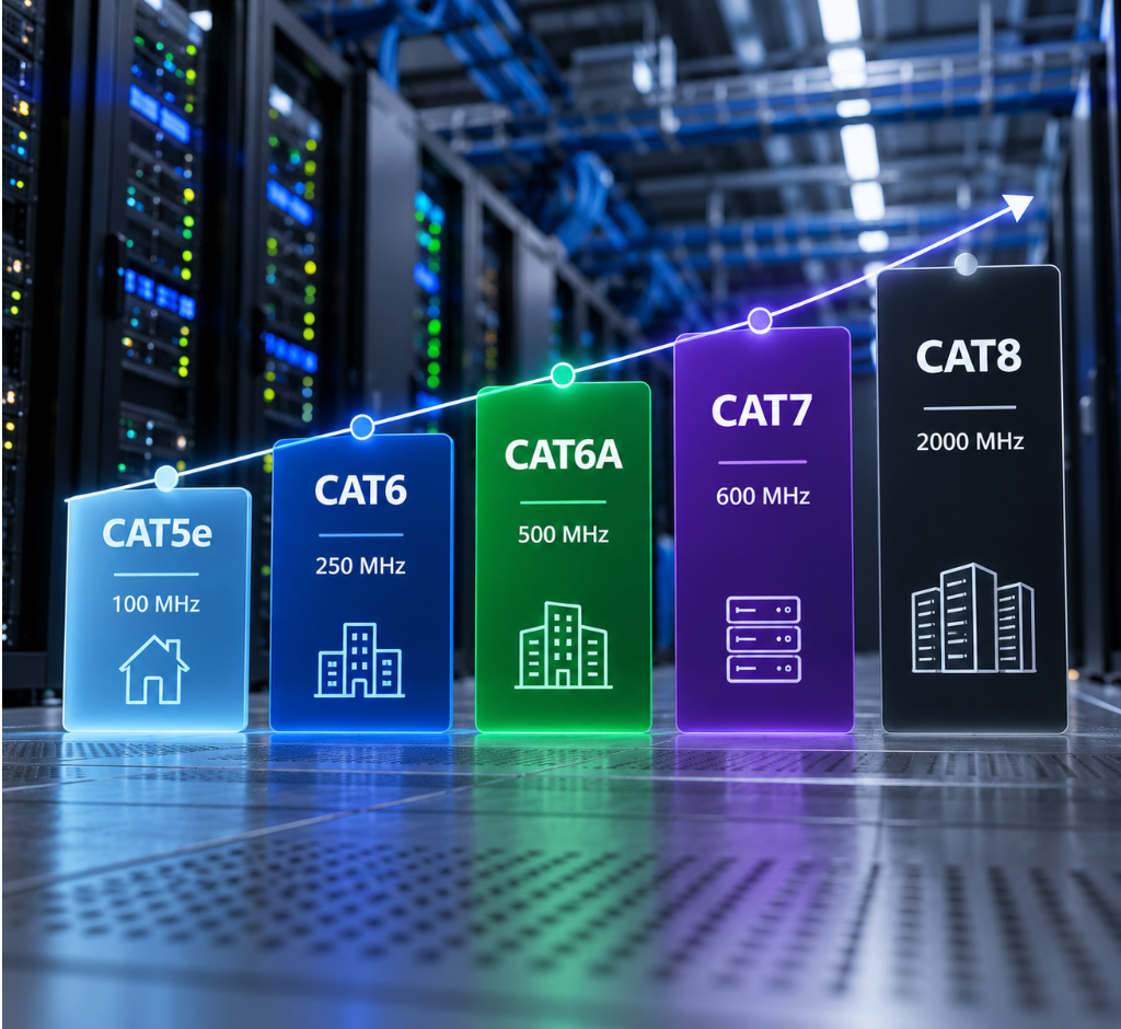 Comparação entre cabos de rede Cat5e, Cat6, Cat6A, Cat7 e Cat8 em um ambiente de data center