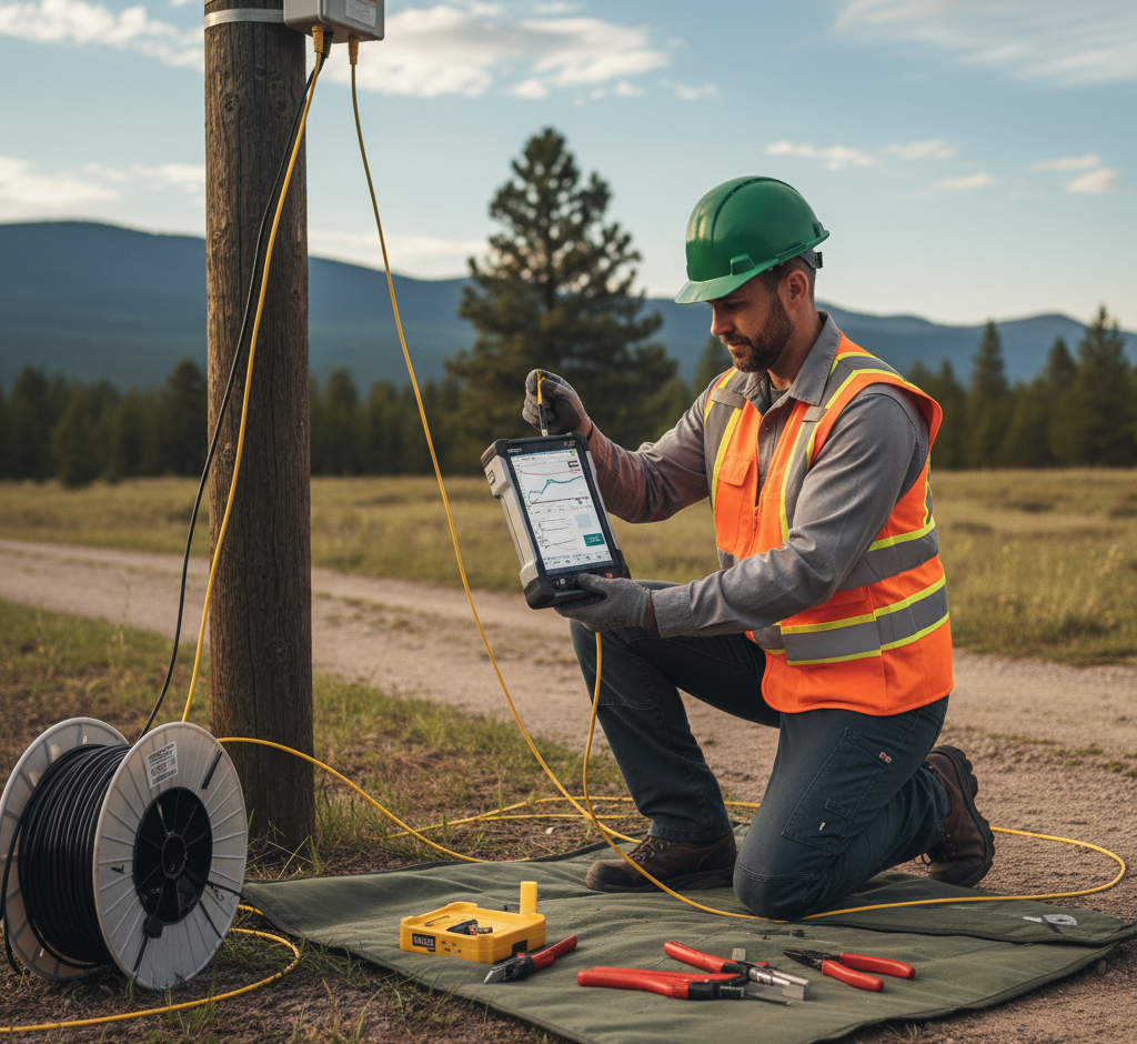 Técnico de campo usando capacete e colete, ajoelhado em uma área rural, operando um equipamento de teste OTDR conectado a uma bobina de cabo de fibra óptica ao lado de um poste.