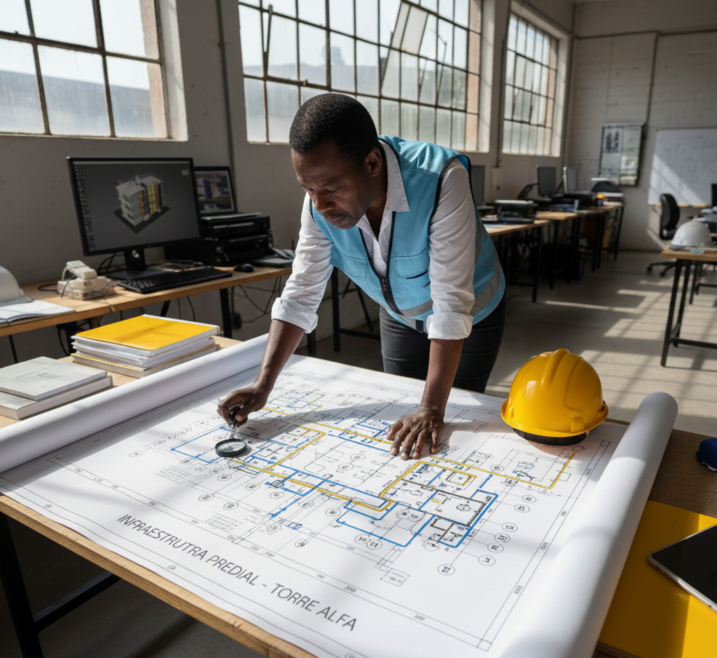 Pessoa em um escritório industrial, usando uma lupa para analisar detalhadamente uma planta baixa de "INFRAESTRUTURA PREDIAL - TORRE ALFA" estendida sobre uma mesa.