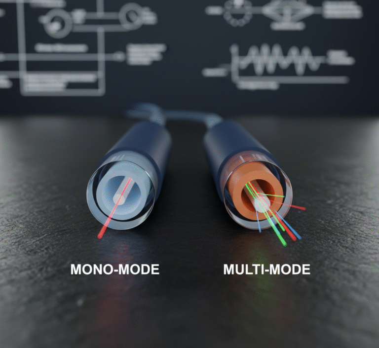 Comparação visual entre cabos de fibra ótica Monomodo e Multimodo, ilustrando a diferença na propagação dos feixes de luz através dos núcleos.