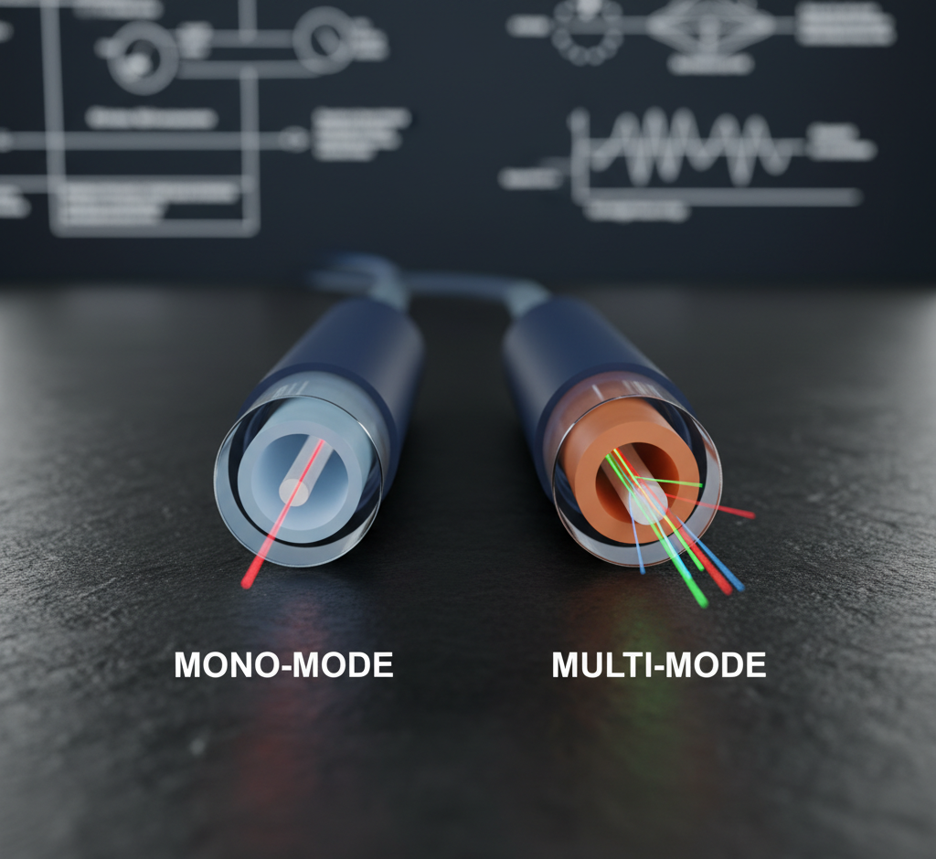 Comparação visual entre cabos de fibra ótica Monomodo e Multimodo, ilustrando a diferença na propagação dos feixes de luz através dos núcleos.