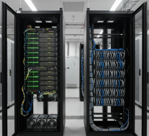 Dois racks de TI com as portas de vidro abertas. O rack da esquerda mostra switches de rede ativos com luzes verdes e fontes de alimentação; o da direita exibe uma alta densidade de cabos de rede azuis organizados.