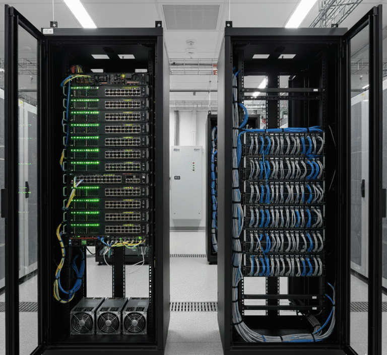 Dois racks de TI com as portas de vidro abertas. O rack da esquerda mostra switches de rede ativos com luzes verdes e fontes de alimentação; o da direita exibe uma alta densidade de cabos de rede azuis organizados.