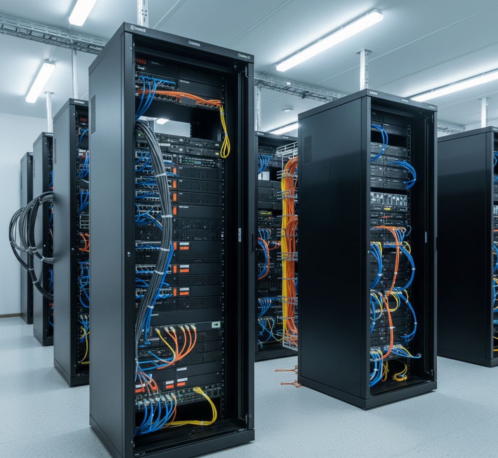 Sala de distribuição principal de telecomunicações (MDF) e intermediária (IDF), com ênfase na organização dos distribuidores internos óticos (DIO) dentro dos racks, representando a infraestrutura de rede e a gestão de cabos da Distribuição Geral (DG).