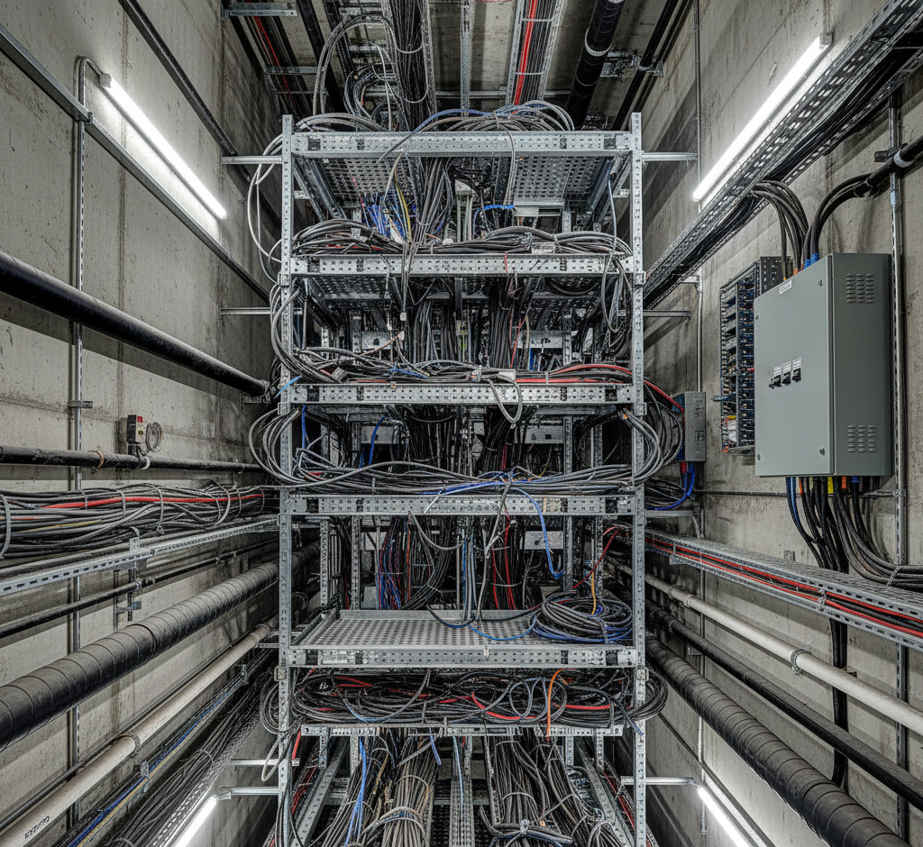 A imagem mostra um shaft de infraestrutura preenchido com uma grande quantidade de cabos e eletrocalhas