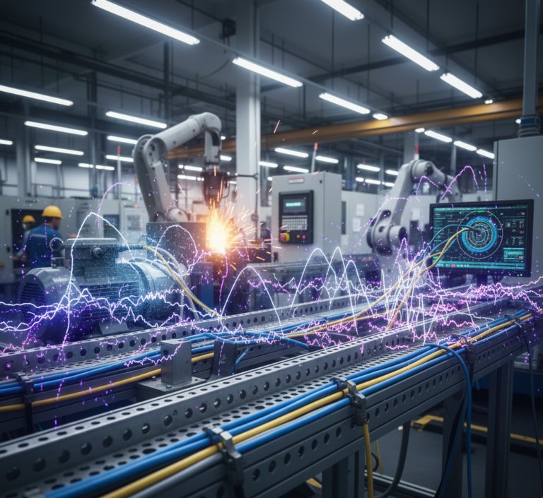 Cabo blindado em calha de rede industrial em ambiente de fábrica automatizada, com robôs e motores, ilustrando a proteção contra ruído e interferência eletromagnética (EMI). Linhas de dados digitais sobrepostas simbolizam a qualidade e integridade do sinal em sistemas de controle.