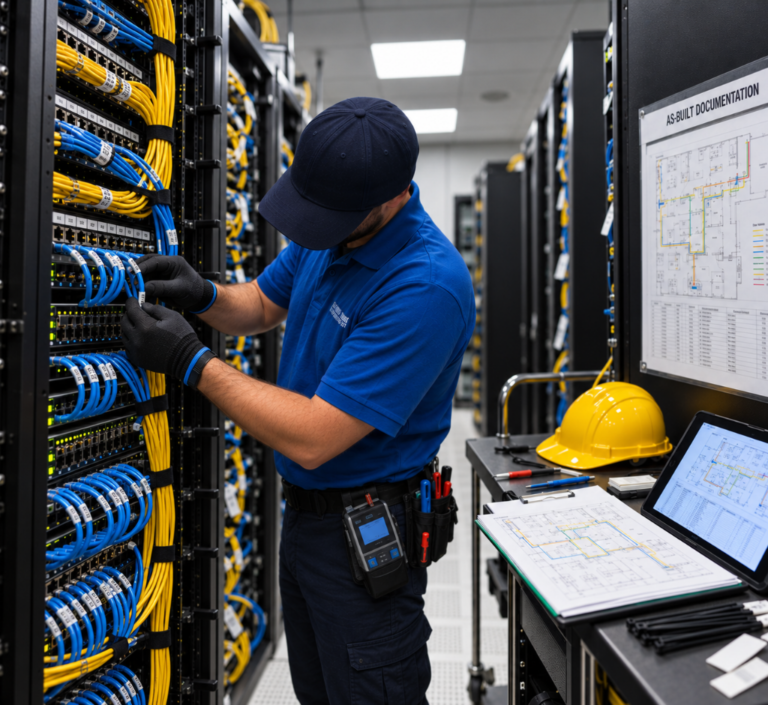 Técnico com boné identificando cabos de rede em um rack de servidores, com etiquetas pequenas fixadas aos cabos e documentação As-Built ao lado.