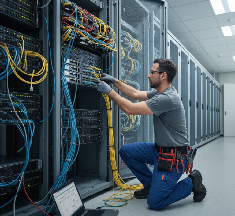 Técnico de TI focado em cabeamento estruturado e organização de cabos de rede em rack de servidor. Profissional realizando manutenção e otimização de infraestrutura de data center com cabos Ethernet coloridos e organizados.