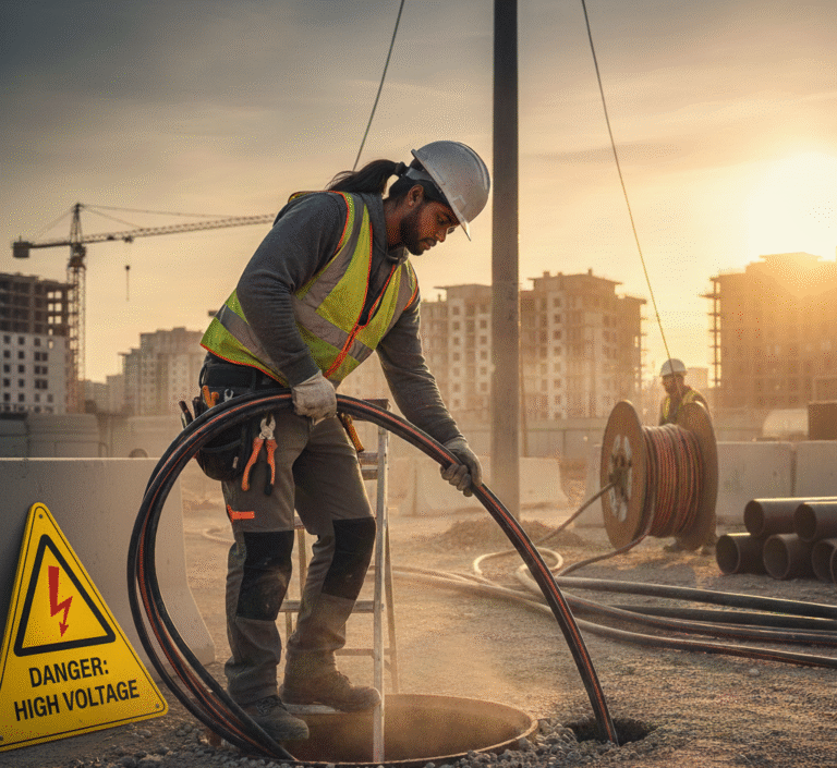 Eletricista/Cabista em Obra Puxando Cabo de Alta Tensão - Segurança e EPC. (Palavras-chave: cabista, eletricista, puxando cabo, alta tensão, segurança no trabalho, EPC, canteiro de obras, risco elétrico)