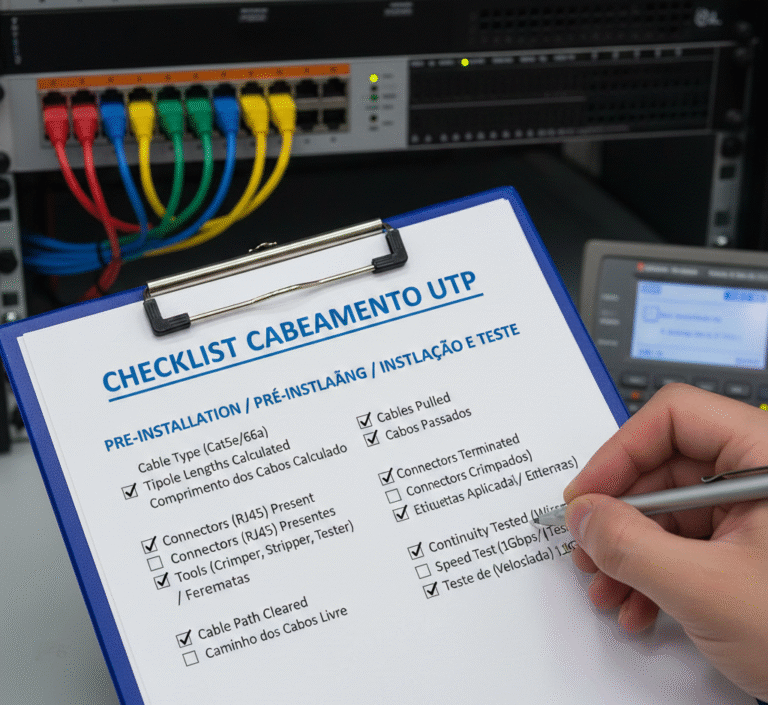 Técnico preenche Checklist de Cabeamento UTP com foco em Pré-Instalação, Instalação e Teste em um rack de servidor, verificando itens como tipo de cabo (Cat5e/6a), crimpagem, continuidade e teste de velocidade. Otimização de rede e conformidade.