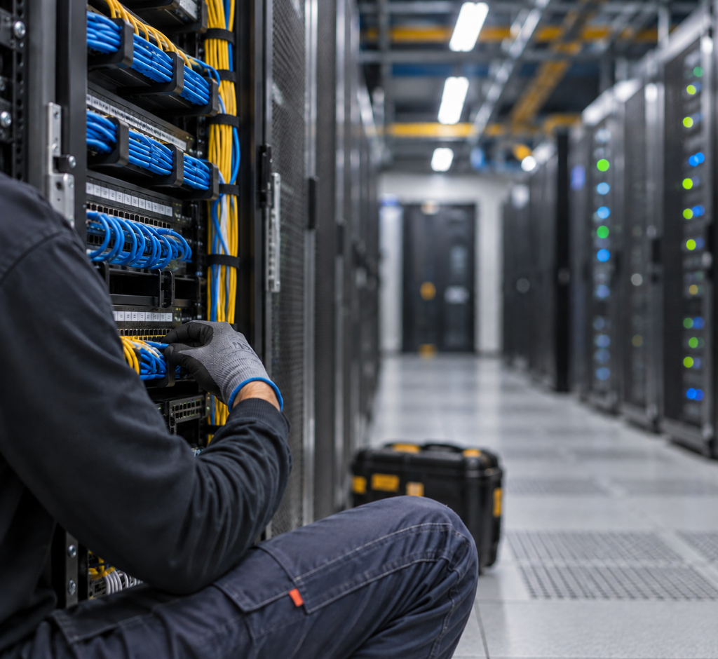 Técnico realizando manutenção em rack de rede com cabos de rede em um data center