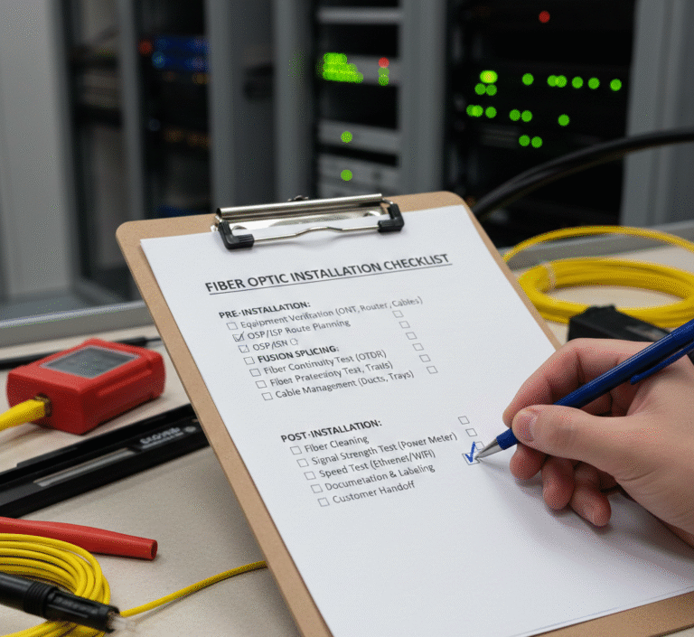 Checklist de Instalação de Fibra Óptica sendo preenchida em Data Center. Lista de verificação para fusão de fibra óptica, teste OTDR, medidor de potência (Power Meter) e documentação de rede.