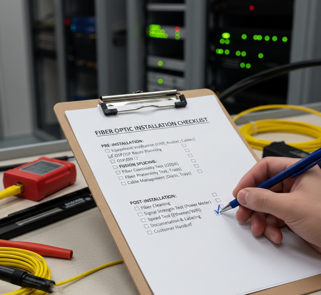 Checklist de Instalação de Fibra Óptica sendo preenchida em Data Center. Lista de verificação para fusão de fibra óptica, teste OTDR, medidor de potência (Power Meter) e documentação de rede.