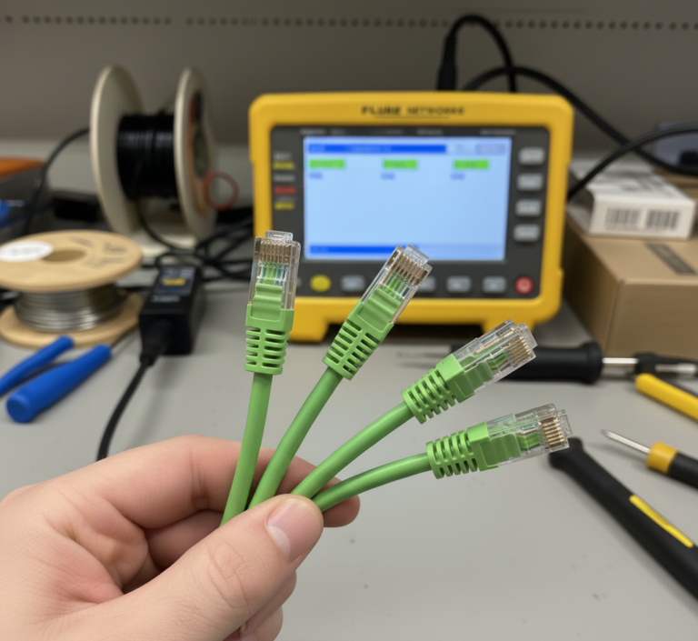 Foco manual segurando as pontas de oito fios descascados de um cabo de rede par trançado (cores padrão de rede, como verde, azul, laranja e marrom), com um testador de certificação de cabo de rede Fluke Networks amarelo em segundo plano borrado, mas visível. O Fluke exibe resultados de teste em sua tela enquanto ferramentas de crimpagem, solda e bobinas de fio estão espalhadas sobre uma bancada cinza.
