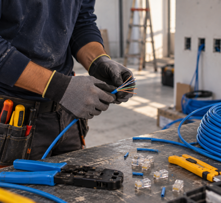 Técnico realizando a preparação de um cabo de rede Ethernet durante uma instalação