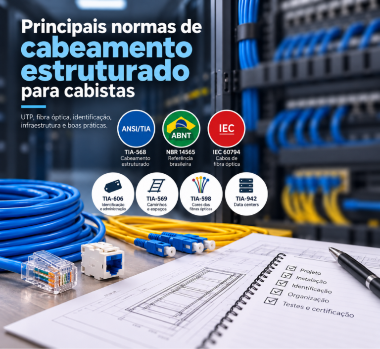 Principais normas de cabeamento estruturado para cabistas, com referências ANSI/TIA, ABNT e IEC, além de cabos UTP, fibra óptica e infraestrutura de rede.