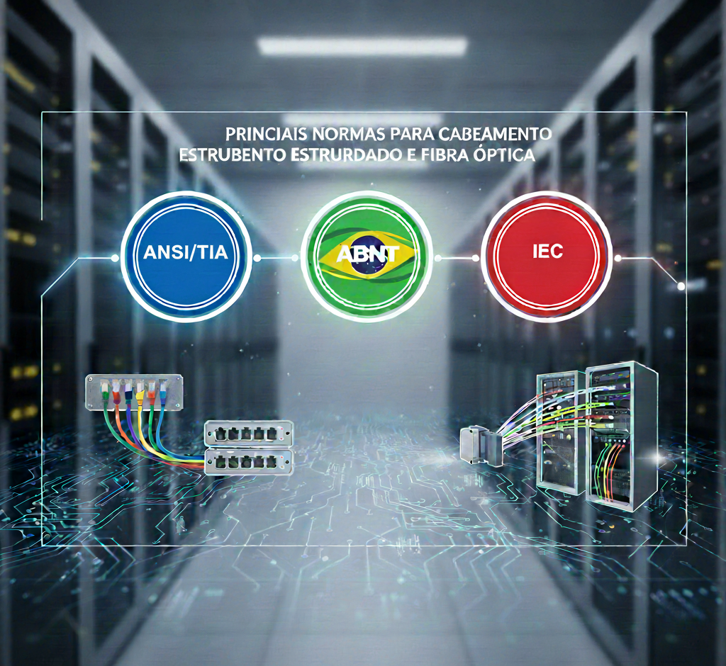 Diagrama ilustrativo das Principais Normas para Cabeamento Estruturado e Fibra Óptica, destacando as organizações ANSI/TIA (com as normas 568-D, 606-C, 942-B para cabeamento de cobre e data centers), ABNT (com NBR 14565 e NBR 16665 para padronização brasileira) e IEC (com 61000, 60794, 61753 focadas em fibra óptica e testes). O fundo representa um Data Center com racks de servidores.