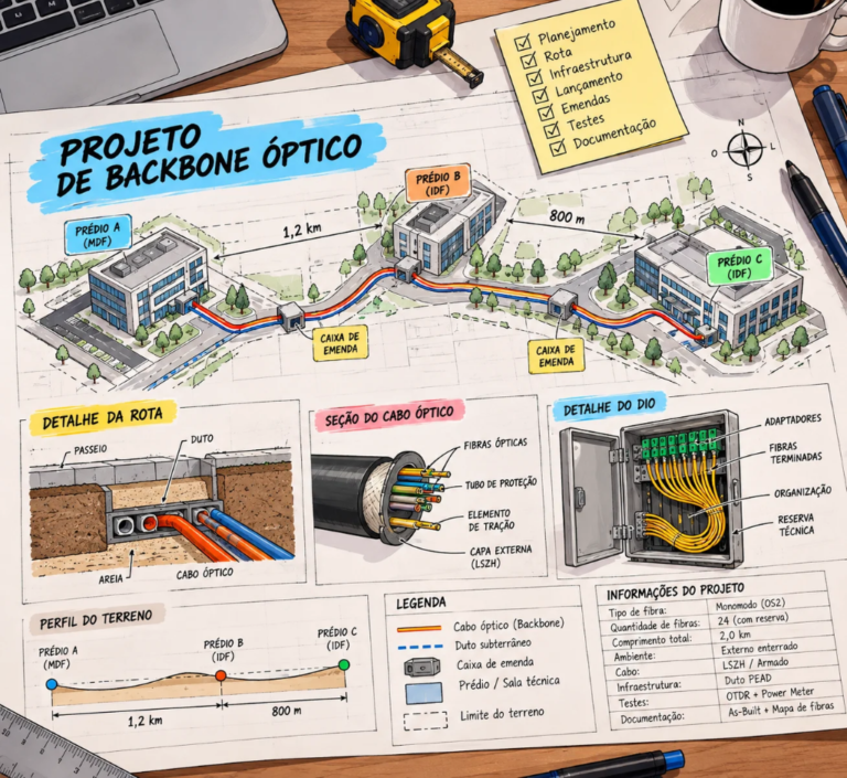 Projeto de backbone óptico com mapa de rota, prédios, cabos de fibra, caixas de emenda, DIO e detalhes da infraestrutura