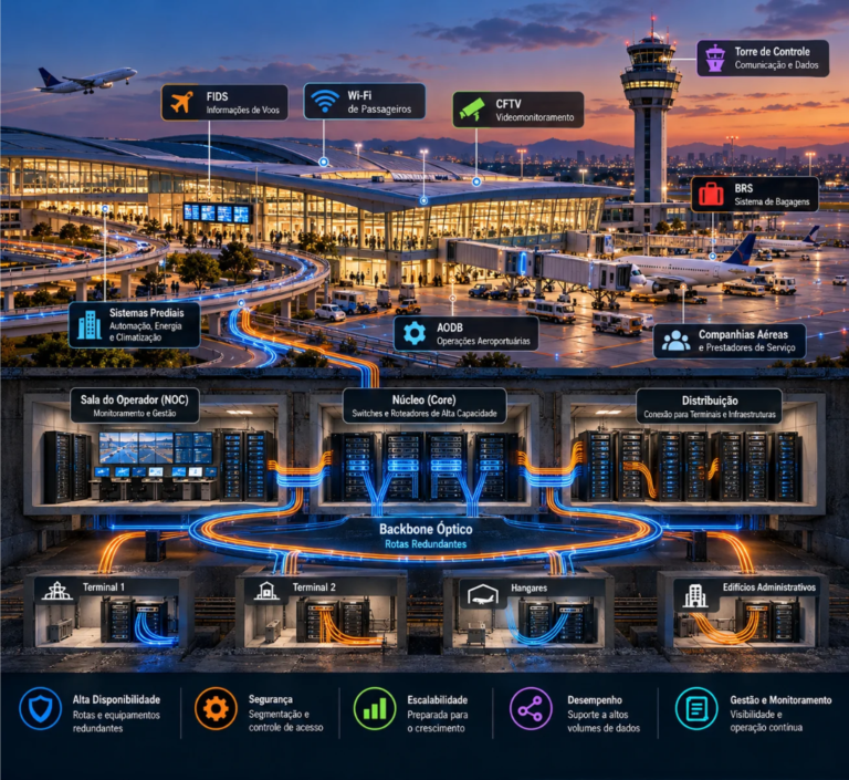 Ilustração de backbone em aeroportos com fibra óptica, servidores, torre de controle, Wi-Fi, videomonitoramento e sistemas de informação conectados por uma rede redundante.