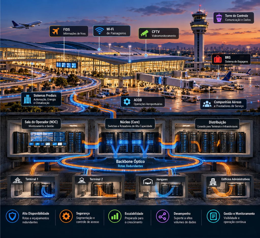 Ilustração de backbone em aeroportos com fibra óptica, servidores, torre de controle, Wi-Fi, videomonitoramento e sistemas de informação conectados por uma rede redundante.